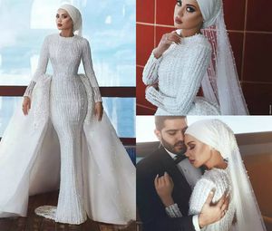 2019 robes de mariée sirène Musilm avec jupe détachable perlée appliques perles pays robe de mariée balayage train bijou cou robes de mariée