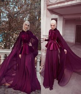 2019 robes de bal sirène musulmane avec cape velours manches longues robes de soirée jupe en mousseline de soie robes de soirée Cheap8058719