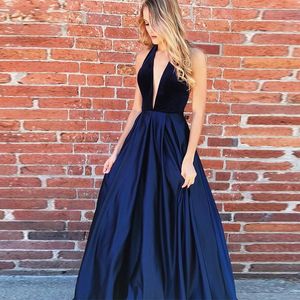2019 marineblauw prom jurken diepe v-hals halter open rug lange jurk voor prom vestido longo festa gala a-line vrouwen prom feestjurken