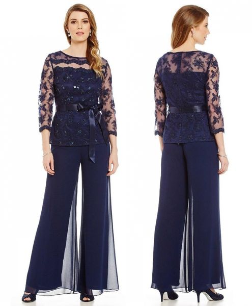 Traje azul marino de dos piezas para madres, traje con cuello de joya transparente para bodas, apliques de encaje, trajes de pantalón para madres para novio y madre