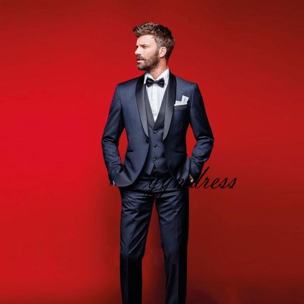 2019 smokings de mariage bleu marine Slim Fit costumes pour hommes garçons d'honneur costume trois pièces costumes de bal pas cher (veste + pantalon + gilet + noeud papillon)