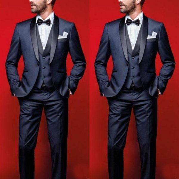 2019 azul marino esmoquin de boda Slim Fit trajes para hombres padrinos de boda traje de tres piezas barato Prom trajes formales chaqueta pantalones chaleco arco 172x