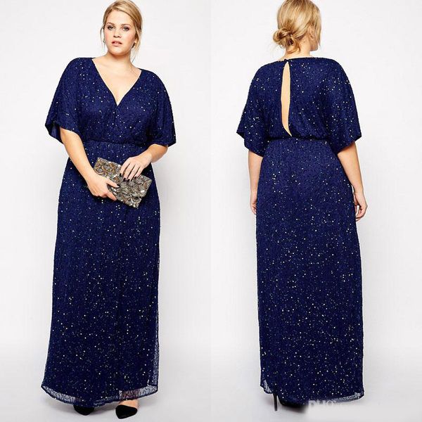 Marine Paillettes Plus La Taille Mère De La Mariée Robes Col En V A-ligne Robe Formelle Etage Longueur Trou De Serrure Retour Robes De Soirée Avec Des Manches