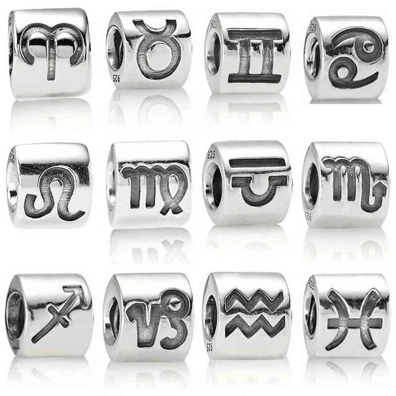 2019 NEW 100% 925 Sterling Silver 12 Constellations Alphabet Charm Beaded Fit DIY Bracelet Bangle Necklace Women Jewelry Gift AA220315