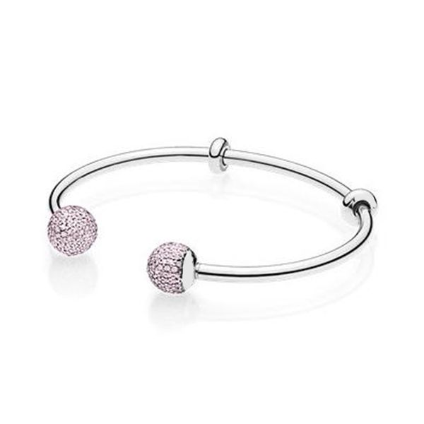 2019 NOUVEAU 100% 925 Sterling Silver 596438PCZ MOMENTS SILVER OPEN BANGLE AVEC PAVE CAPS Pink Charm Original pandora Jewelry Set Gift