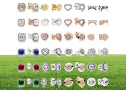 2019 Nuevo 100% 925 Pendientes de plata esterlina Signature Bow Square Drill Drill Love Heart Ear Beads Beads Fit Original Diy Dangler Gift Valentine7510613