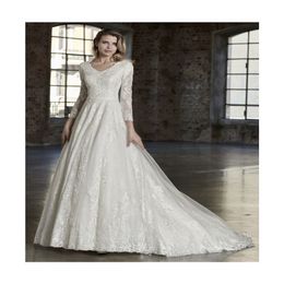 2019 Nouvelles robes de mariée modestes en dentelle A-line avec longues manches illusions en V Backs Back Robes de mariée religieuses mangées sur mesure 279y