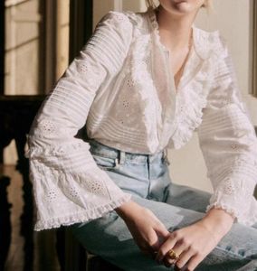 2024 Spring/Summer Nuevo Sezane Nelishirt Diseñador Vintage hueco camisa bordada con encaje de encaje de encaje de hebilla