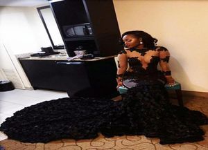 2019 Nouvelles robes de bal noires africaines sirène sheer en décolleté appliques à manches longues longues robes arabes du train à balay