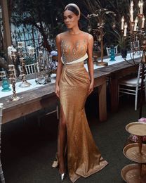 Robes de bal sirène sexy en perles de cristal doré de luxe robe de soirée à paillettes scintillantes Vintage haut côté fendu robes de soirée formelles