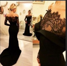 Nieuwe Arabische Zwarte Lange Mouwen Avondjurken Mermaid Off Shoulder Kant Satijn Trompet Dames Formele Prom Jurken Moeder van Bruid Jurk