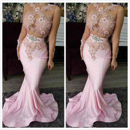 2019 Nuevos vestidos hermosos en árabe Ilusión rosa mangas largas apliques fajas de cuentas ¡vestidos de noche de sirena de talla grande.