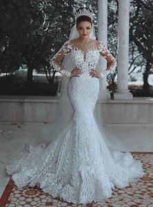 2019 Nieuwe Arabische Overschepen Schede Trouwjurken Juweel Neck Beaded Crystal Kant Applicaties Lange Mouwen Plus Size Formele Mermaid Bridal Town