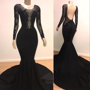 Nouvelles robes de soirée noires sexy portent un col transparent manches longues en dentelle appliques balayage train dos nu plus la taille robes de bal africaines robes de soirée