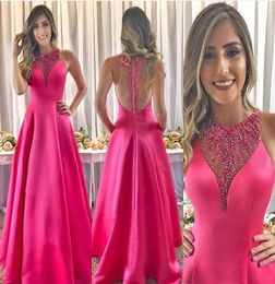 2019 Nouvelle Arrivée Pas Cher Robe De Soirée Fuchsia Une Ligne Perlée Satin Longue Tenue De Vacances Pageant Robe De Soirée De Bal Sur Mesure Plus Taille4648991