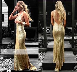 New Arrival Gold Mermaid Prom Dresses Deep V Neck Backless Sequined Sweep Train Formal Dress Party Evening Gowns vestidos de fiesta