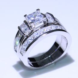 2019 Nieuwe Collectie Luxe Sieraden Real 925 Sterling Zilveren Princess Cut White Topaz Edelstenen CZ Diamond Paar Ringen Dames Bruiloft Band Ring