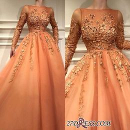 2019 nouvelle arrivée orange pure manches longues robes de soirée officielles avec dentelle Appliques une ligne Tulle Longue robe de bal de célébrités