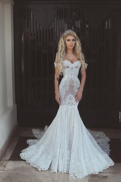 Nouvelles robes de mariée sexy sirène hors épaule chérie pleine dentelle appliques corset dos balayage train plus la taille arabe robes de mariée formelles