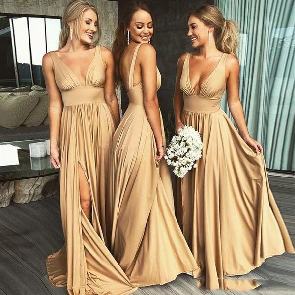 2019 Nouvelle Arrivée Sexy Col En V Côté Split Or Robes De Demoiselle D'honneur Etage Longueur Champagne Plage Boho Invité De Mariage Robes Sur Mesure Mad220F