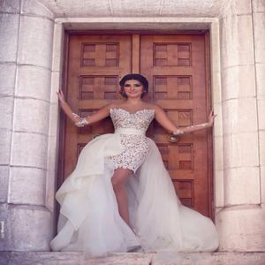 2019 Nieuwe aankomst pure strapless lange mouw kanten korte trouwjurken met afneembare trein Midden -Oosten bruid jurken Vestido de 187b