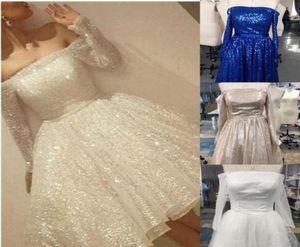 2019 Nieuwe aankomst Witte glans Korte Homecoming -jurken Pailletten van de schouder Lange mouw feestjurk Aline Cocktail Prom Dress6125759