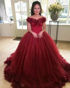 2019 Nieuwe Collectie Wijn Rode Avondjurken Prachtige Floral Off Shoulder Hals Puffy Tulle Rok Lace-Up Back Princess Prom Dresses