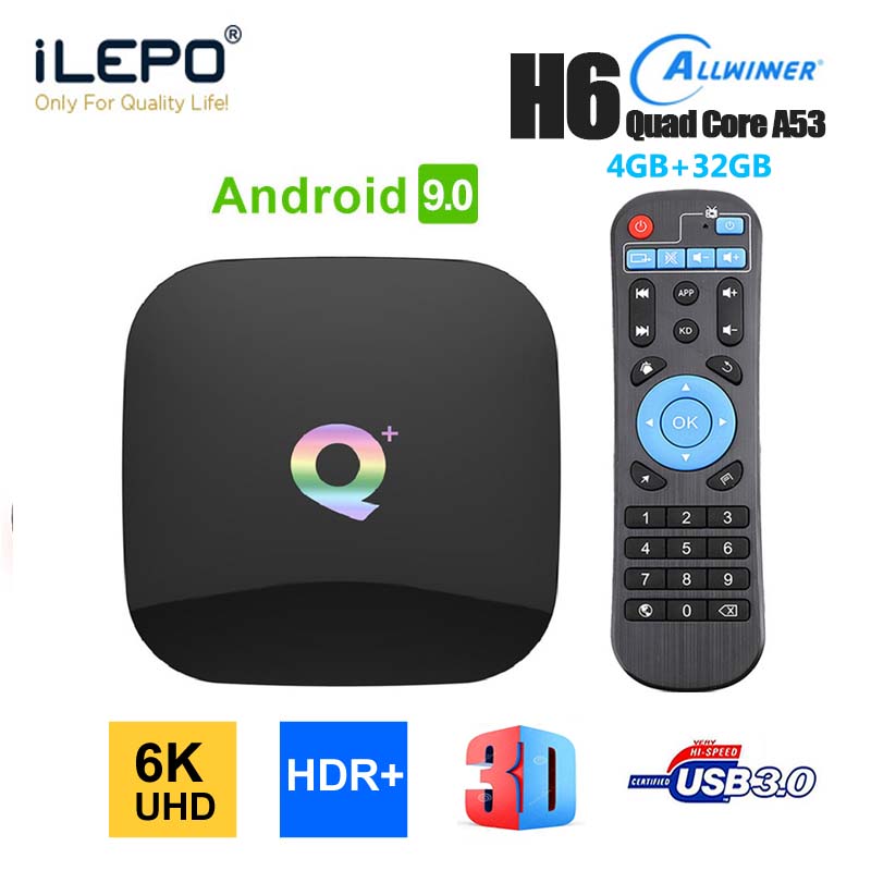 Q Plus TV Box Android 9.0 Allwinner H6 Quad Core 2/4+16/32/64GB Unterstützt WLAN HDMI2.0 mit Fernbedienung