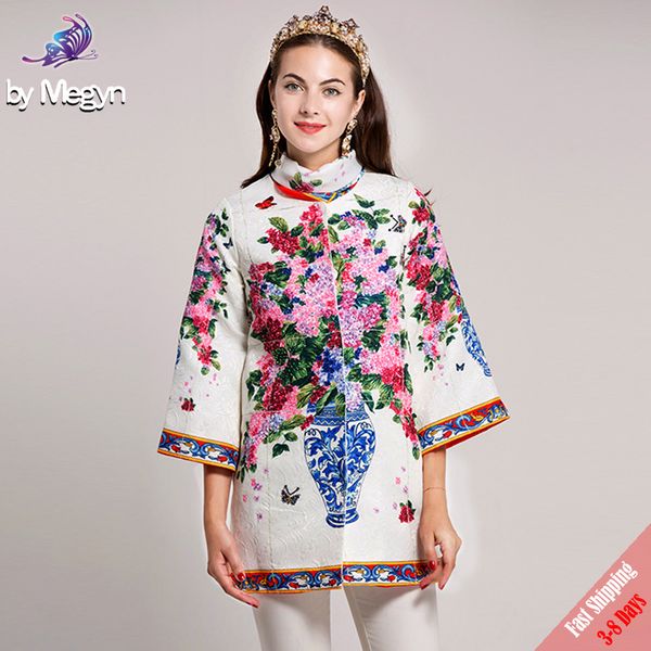 2019 nouveau automne piste concepteur manteau nouvelles femmes de haute qualité Vintage fleur Vase imprimé écharpe bureau dame vêtements chauds