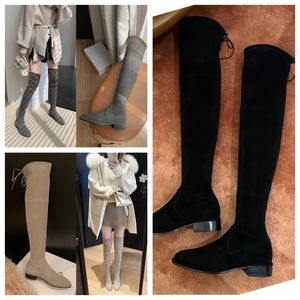 2022 Botas hasta la rodilla Otoño Invierno Negro Marrón Desnudo Cabeza Redonda Tacón Grueso Plano Largo Elástico Mujer Mujer Muslo Alto Rodilla Bota Cálido Moda Barril Estiramiento SW5050