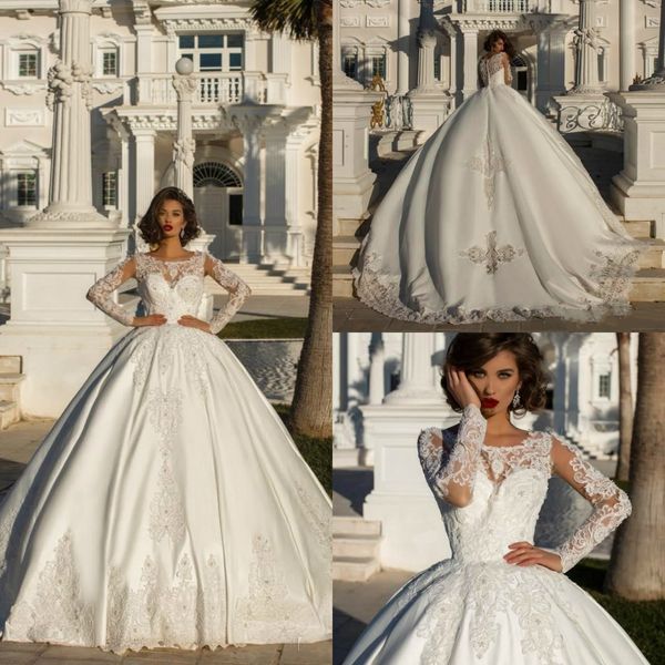 2019 nouvelles robes de mariée robe de bal cristal à manches longues robe de mariée en satin robe de mariée dentelle appliques robes De Novia chapelle train
