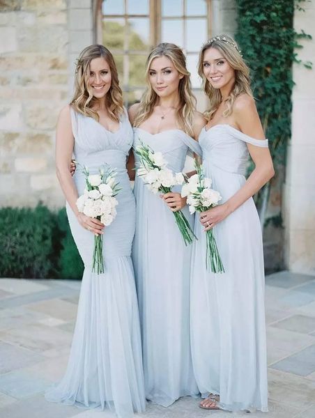 2019 nuevos vestidos de dama de honor de playa gasa azul cielo acanalada fuera del hombro vestidos de fiesta de boda de verano vestido largo y barato simple para niñas