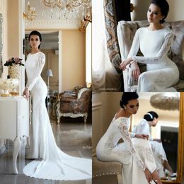 Nieuwe bescheiden zeemeermin trouwjurken kant geappliceerd kralen Berta sweep trein boho trouwjurk bruidsjurken plus size mouwen abiti da sposa