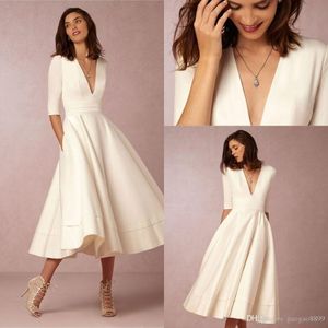 2019 New Bhldn New Fashion Tea Tea Wedage Weddage Wedding Vestidos con media manga V Custom Hacer corta Beach Fiest Weddal Wedding Wedding 307G