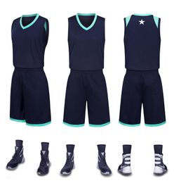 2019 Nieuwe lege basketbal jerseys gedrukt logo heren maat S-XXL goedkope prijs snelle verzending Goede kwaliteit Donkerblauw DB001