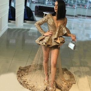 2019 Nouveau bling gold paillettes en tulle robe de bal sexy à manches longues en V V robes de soirée à col