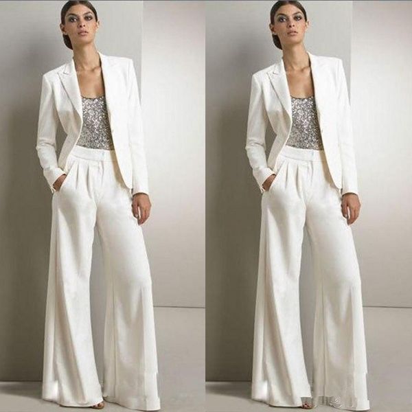 2019 Nuevo Bling Lentejuelas Marfil Blanco Pantalones Trajes Madre de los vestidos de novia Esmoquin de gasa formal Ropa de fiesta para mujer Nueva moda Modesta