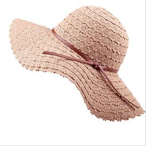 Bowknot Summer Sunhat voor dameskleedbare brede grote rand elegante zon hoed dames kanten holle stroming strandkappen 6colors