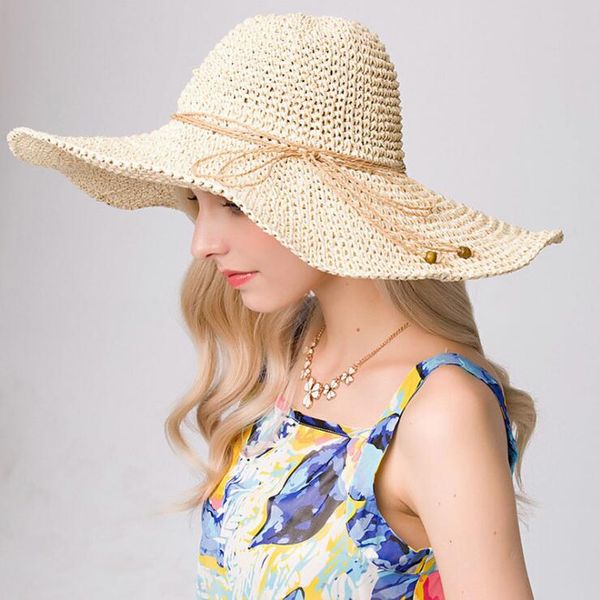 Chapeau de soleil d'été à nœud papillon pour femmes, pliable, à Large bord, élégant, en paille creuse, casquettes de plage, de haute qualité