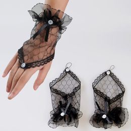 Nuevos guantes de boda para novia, guantes de hilo corto de encaje sin dedos, guantes con lazo negro s20