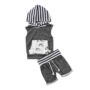 2019 nieuwe casual peuter kinderen babyjongen mouwloze gestreepte hooded tank tops + shorts broek 2 stks kid outfit kleding set