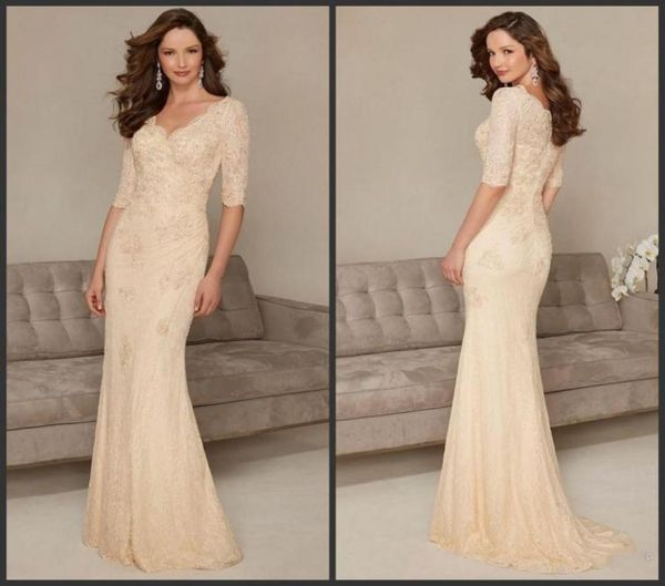 2019 Nuevo Champagne Vestidos para la madre de la novia Largos y elegantes Pliegues con lentejuelas Cuello en V Estilo sirena Media manga Encaje Formal Gow8161395