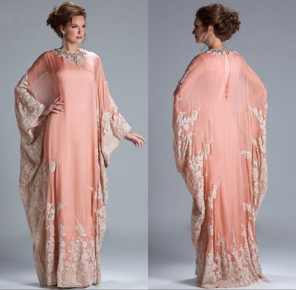 2019 Nueva gasa Kaftan Dubai Vestido de noche árabe Manga larga Apliques Encaje Equipado Musulmán Madre de la novia Vestidos Tallas grandes W1