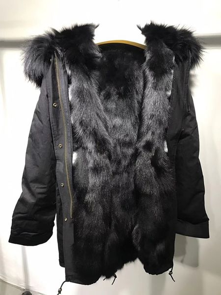 Forro de piel de zorro Lona negra Parkas largas para mujer New Classic Raccoon Furs Trim Mukla furs brand