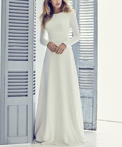 Nouveau Stretch Crêpe A-ligne Longue Robe De Mariée Modeste 2020 Avec Manches Longues Bijou Couvert Retour Court Train Femmes Informel Modeste Robe De Mariée