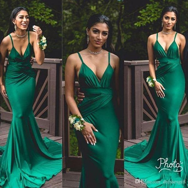 2019 Nueva sirena verde oscuro Prom Vestidos de noche Correas de espagueti Plisados Hasta el suelo Vestidos formales elegantes Abendkleider ziad nakad