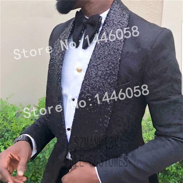 2019 nouveau Design costume de fête formelle hommes marié Tuxedos Costme Homme Terno Blazer Sequin revers noir hommes costumes de mariage Homme Suit267x