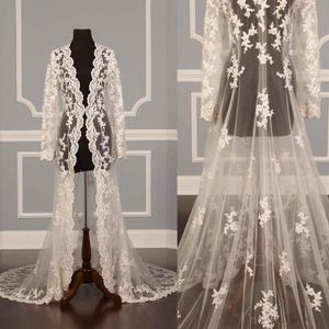 2019 Nieuwe Ontwerp Kant Bruidsjassen Jas voor Trouwjurk Lange Mouw See Through Lace Vloer Lengte Bruid Capes Wraps Custom Size201c