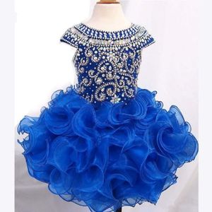 2019 Nieuw ontwerp Toddler Girls Pageant -jurken Luxe Glansende kristal kralen Busice Royal Blue Organza Ruffles Skirk Little Girls Prom Dr. 232K