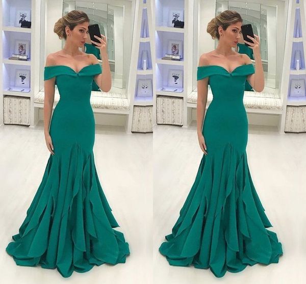 2019 Nuevo diseñador Aqua Blue Mermaid Vestidos de baile Modernos fuera del hombro Vestidos de fiesta Espalda abierta Vestido de noche para niñas Ruffles Sweep Train Wear